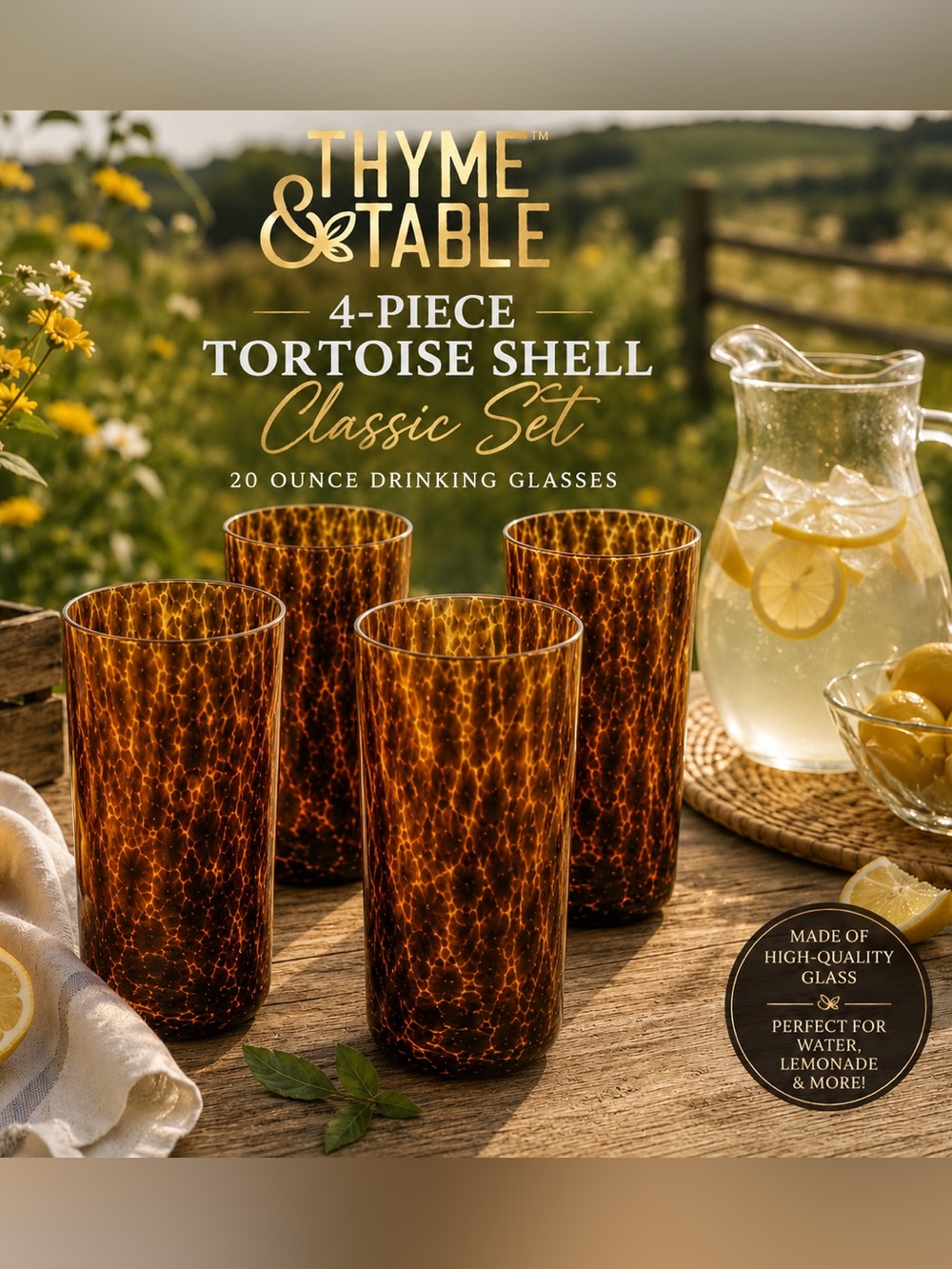 THYME & TABLE Tortoise Shell 20oz Glass – Set of 4 – New in Box
